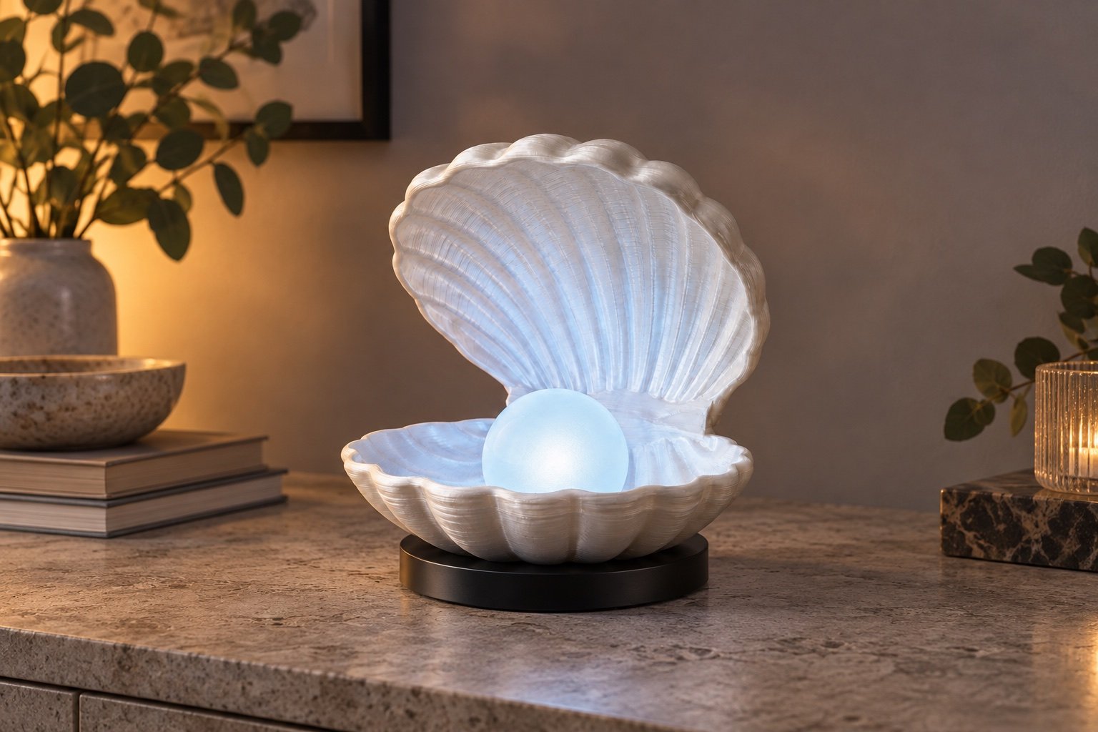 Clam shell pearl lamp concept with a low dark circular base and softly glowing blue pearl