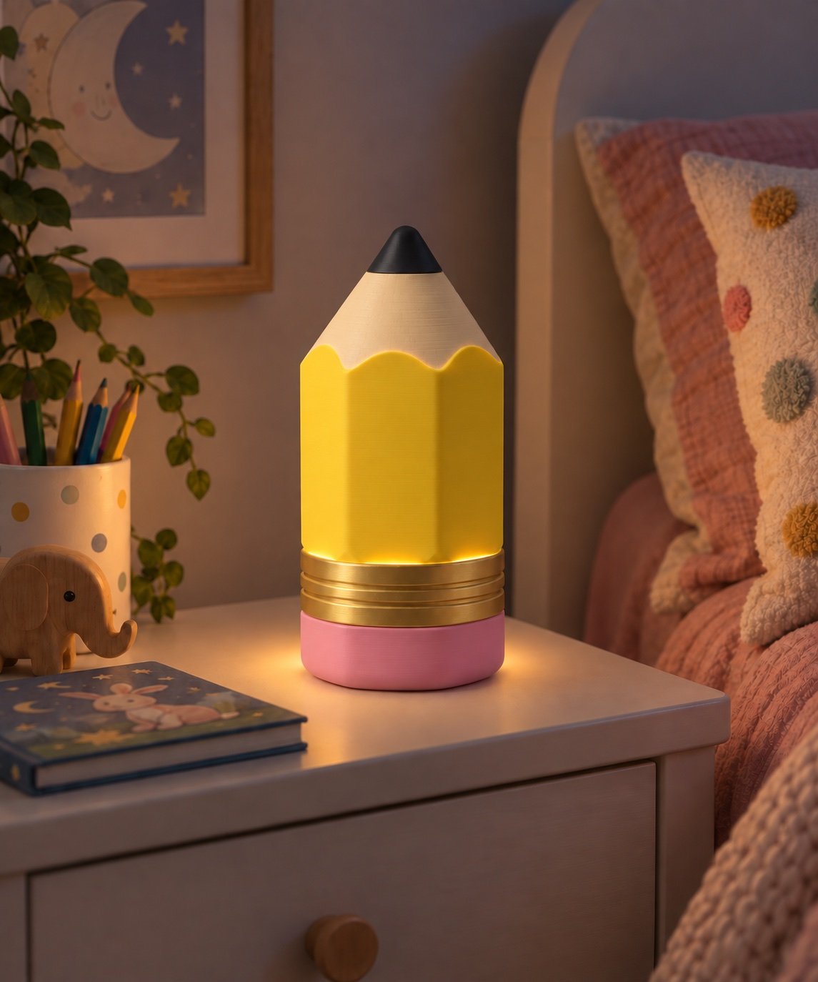 Lemon yellow matte pencil lamp concept with a gentle glow on a child's nightstand