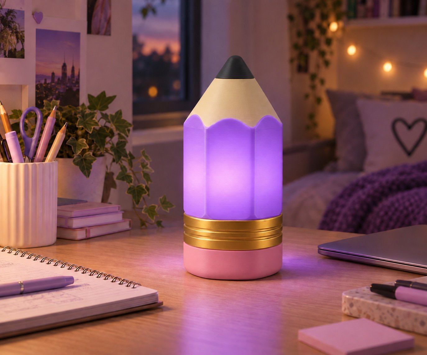 Translucent purple pencil lamp concept on a young person's study desk
