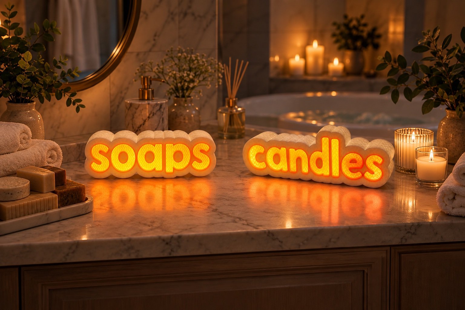Soaps and Candles word lamp concepts together on a bathroom counter
