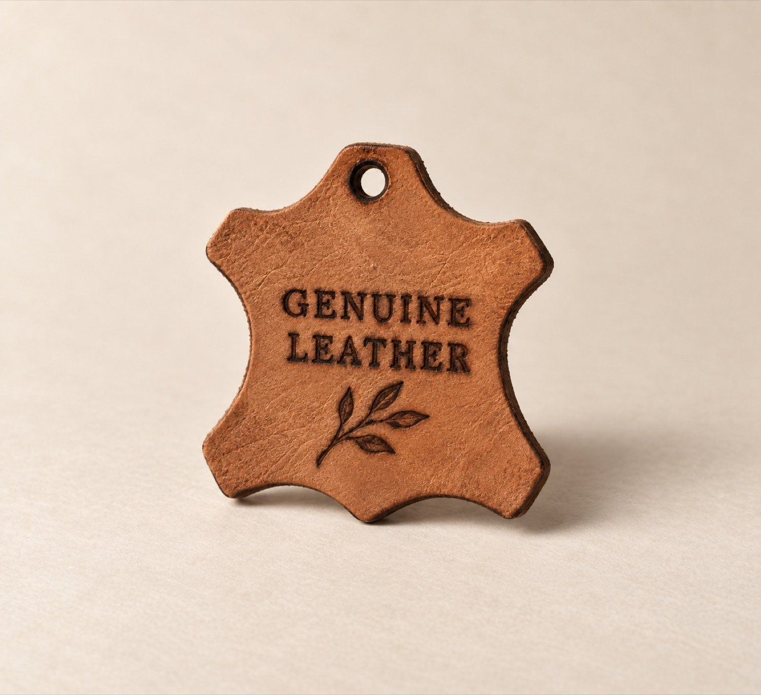 A custom laser-engraved leather label with a hanging hole