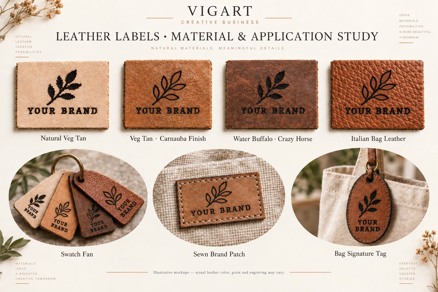 Custom leather label samples in several leather finishes