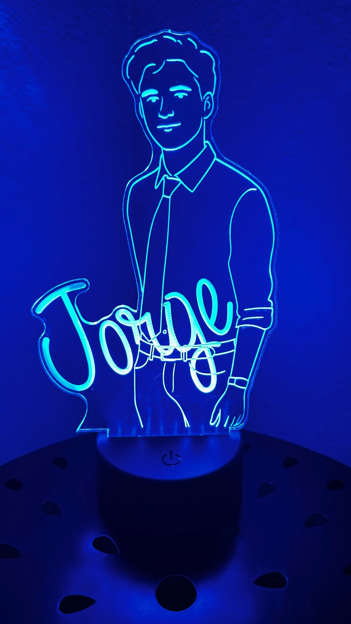 Blue illuminated acrylic portrait lamp personalized for Jorge